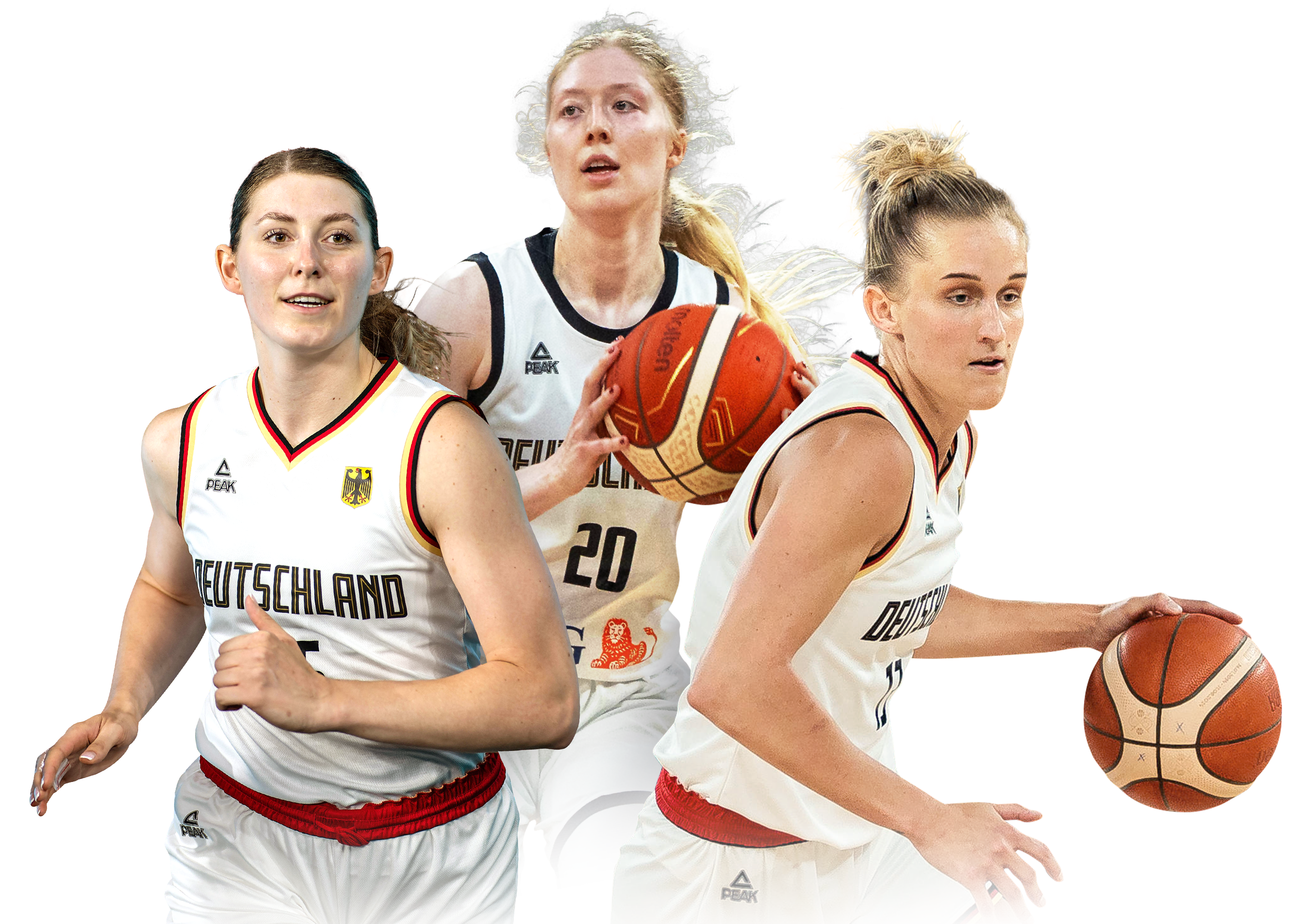 Motiv mit 3 Spielerinnen der deutschen Basketballnationalmannschaft der Frauen.
